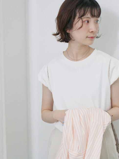 Samansa Mos2 blue「ハシゴレース付きフレンチTシャツ」|Tシャツ・カットソー|オフホワイト