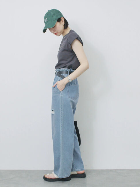 Samansa Mos2 blue「ハシゴレース付きフレンチTシャツ」|Tシャツ・カットソー|