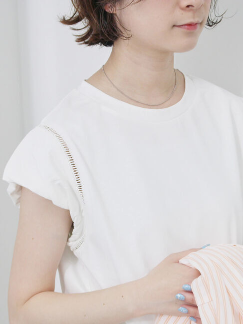 Samansa Mos2 blue「ハシゴレース付きフレンチTシャツ」|Tシャツ・カットソー|