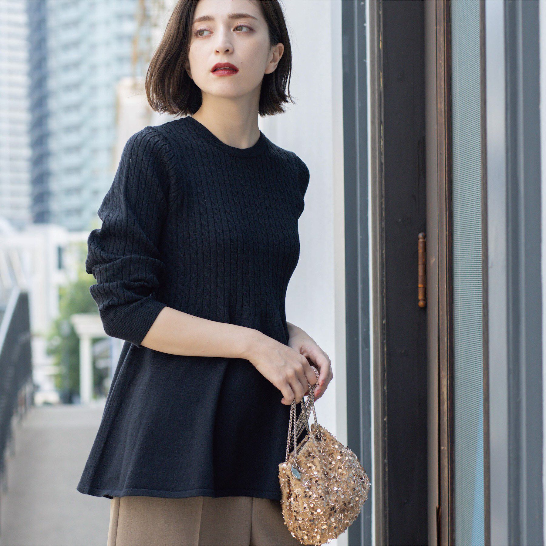 OPAQUE.CLIP「ミニケーブル切替ペプラムニット」|ニット・セーター|