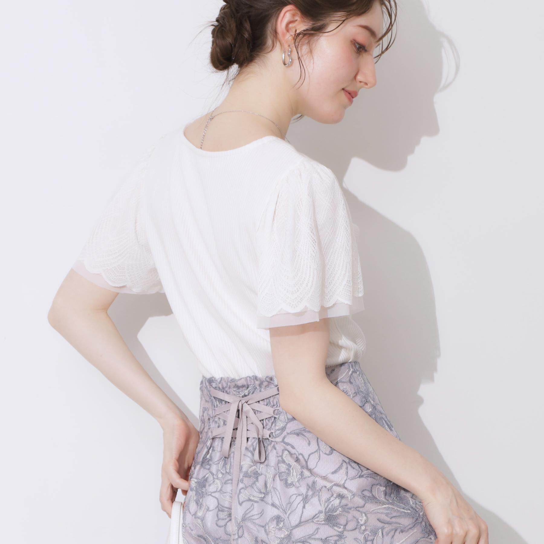 Couture broach「【二の腕カバー・通勤】レース袖テレコトップス」|Tシャツ・カットソー|