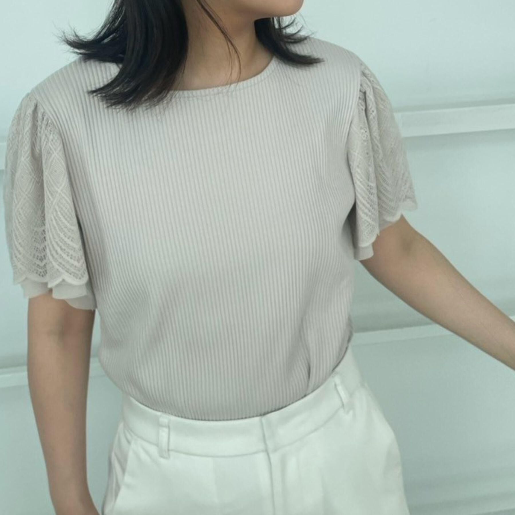 Couture broach「【二の腕カバー・通勤】レース袖テレコトップス」|Tシャツ・カットソー|