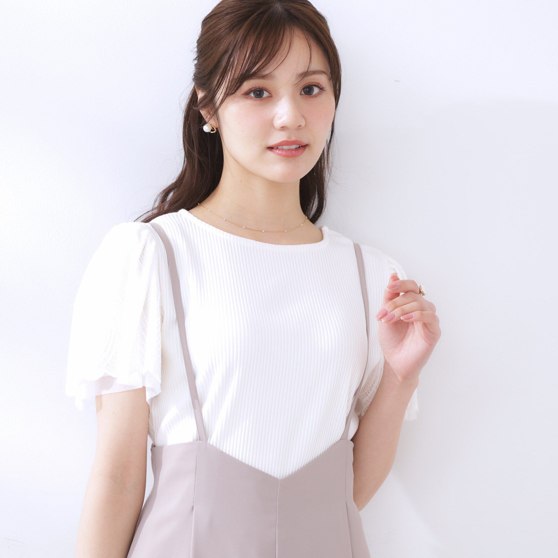 Couture broach「【二の腕カバー・通勤】レース袖テレコトップス」|Tシャツ・カットソー|