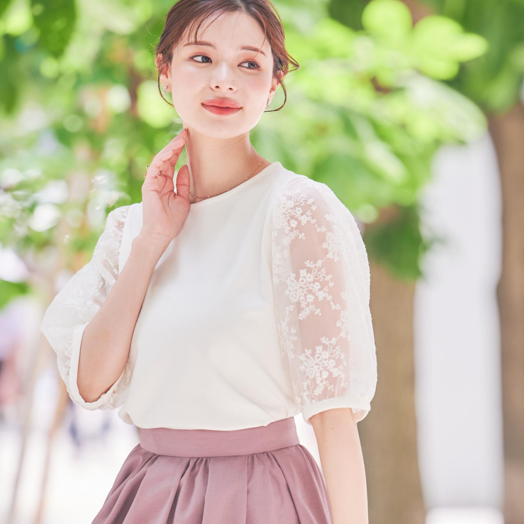 Couture broach「【接触冷感・UV・マシンウォッシャブル】袖レースデザイントップス」|Tシャツ・カットソー|