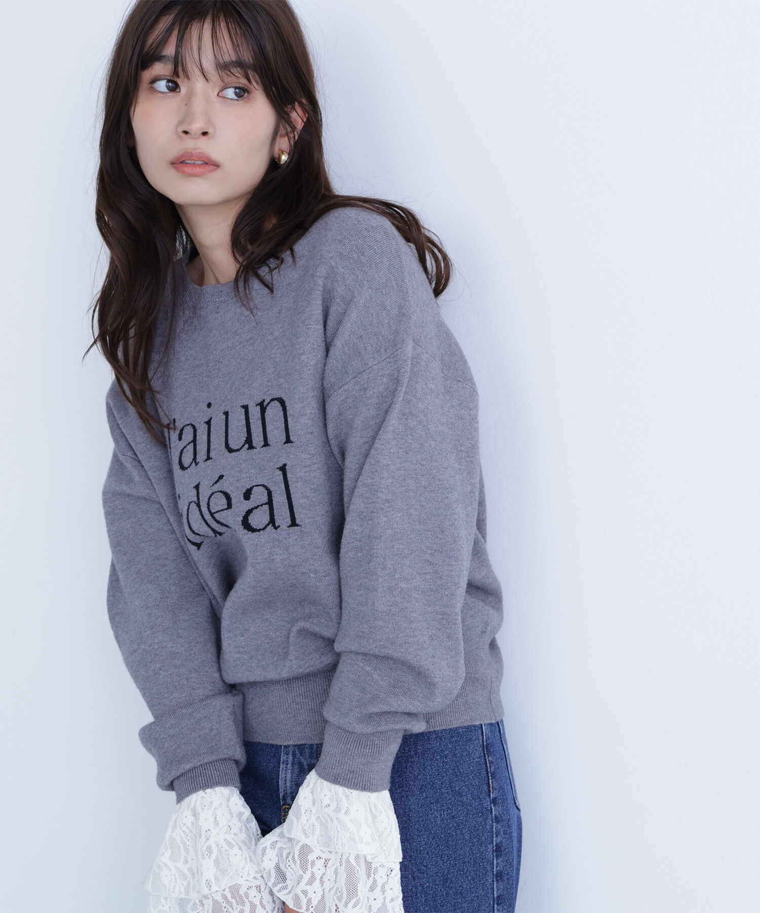  「ダブルジャガードロゴニット」|ニット・セーター|チャコール1