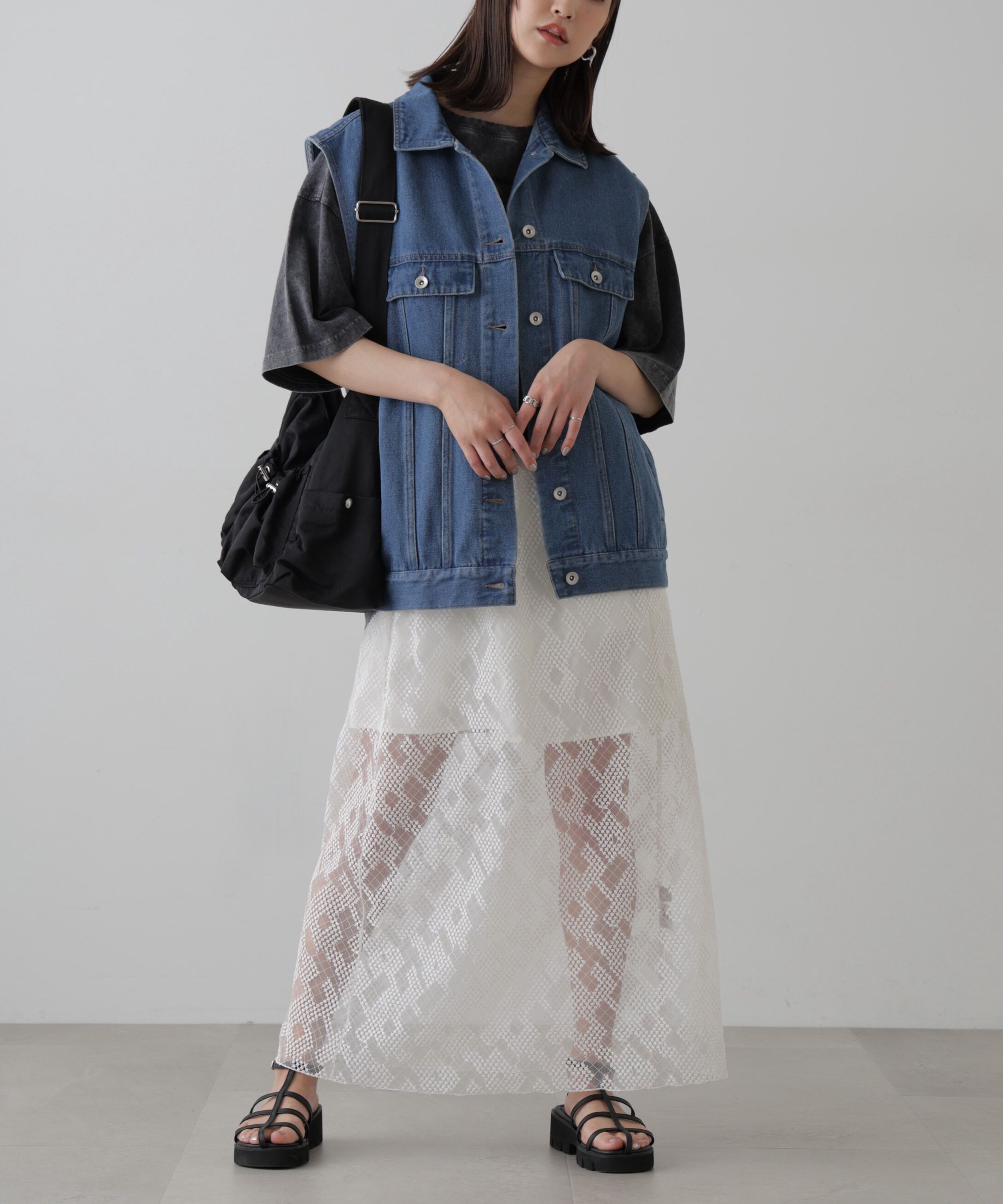  「ミドル丈デニムベスト」|ブルゾン・スタジャン|