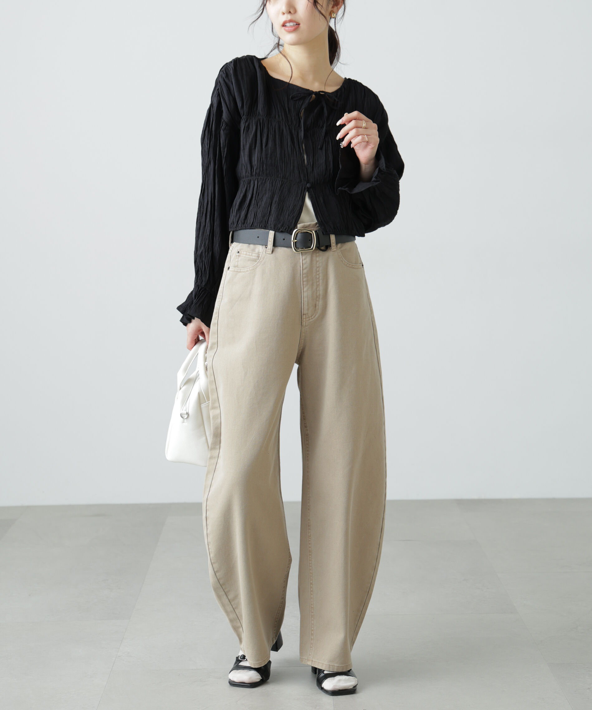  「シアーギャザー前開き短丈ブラウス」|シャツ・ブラウス|