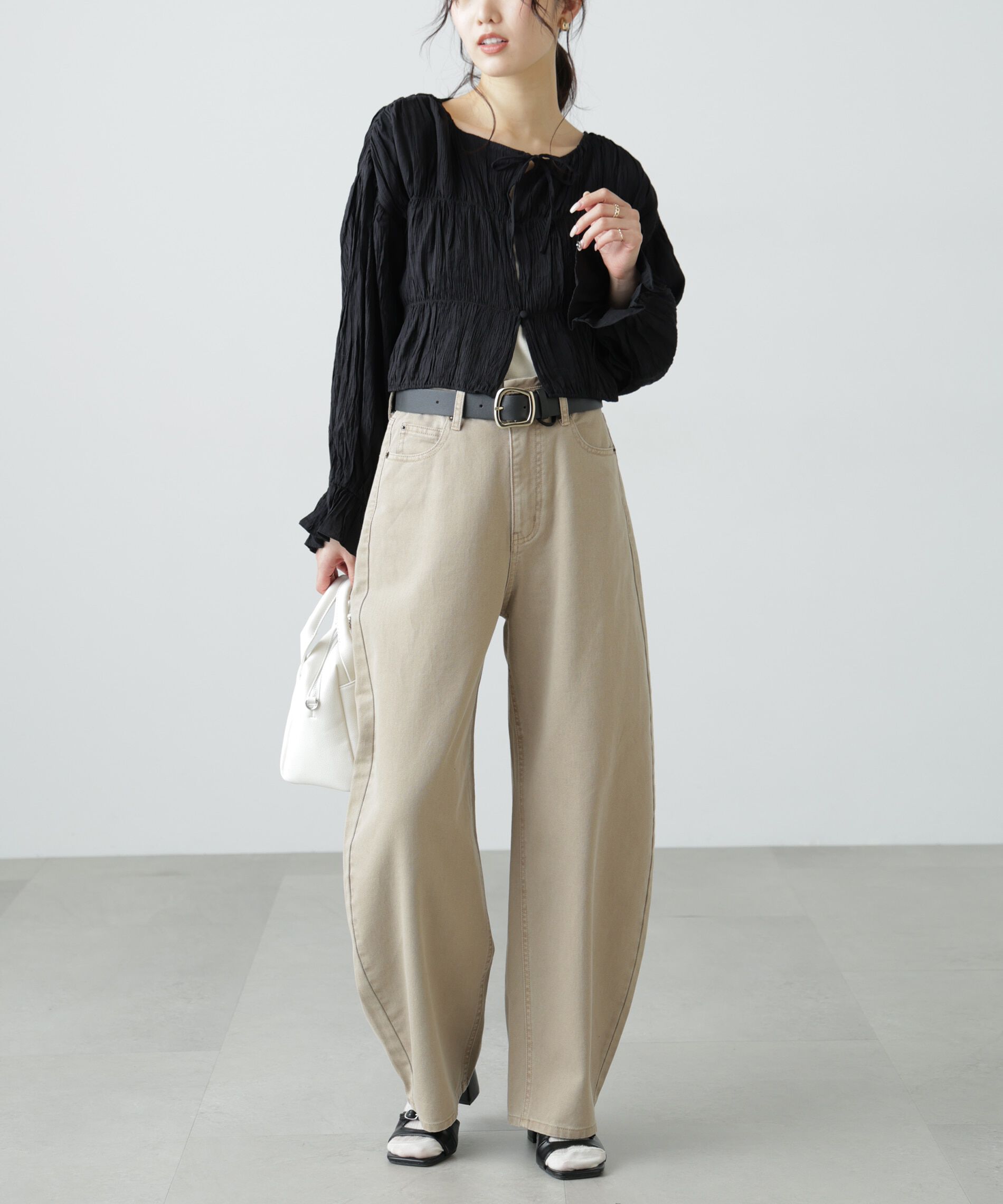  「シアーギャザー前開き短丈ブラウス」|シャツ・ブラウス|