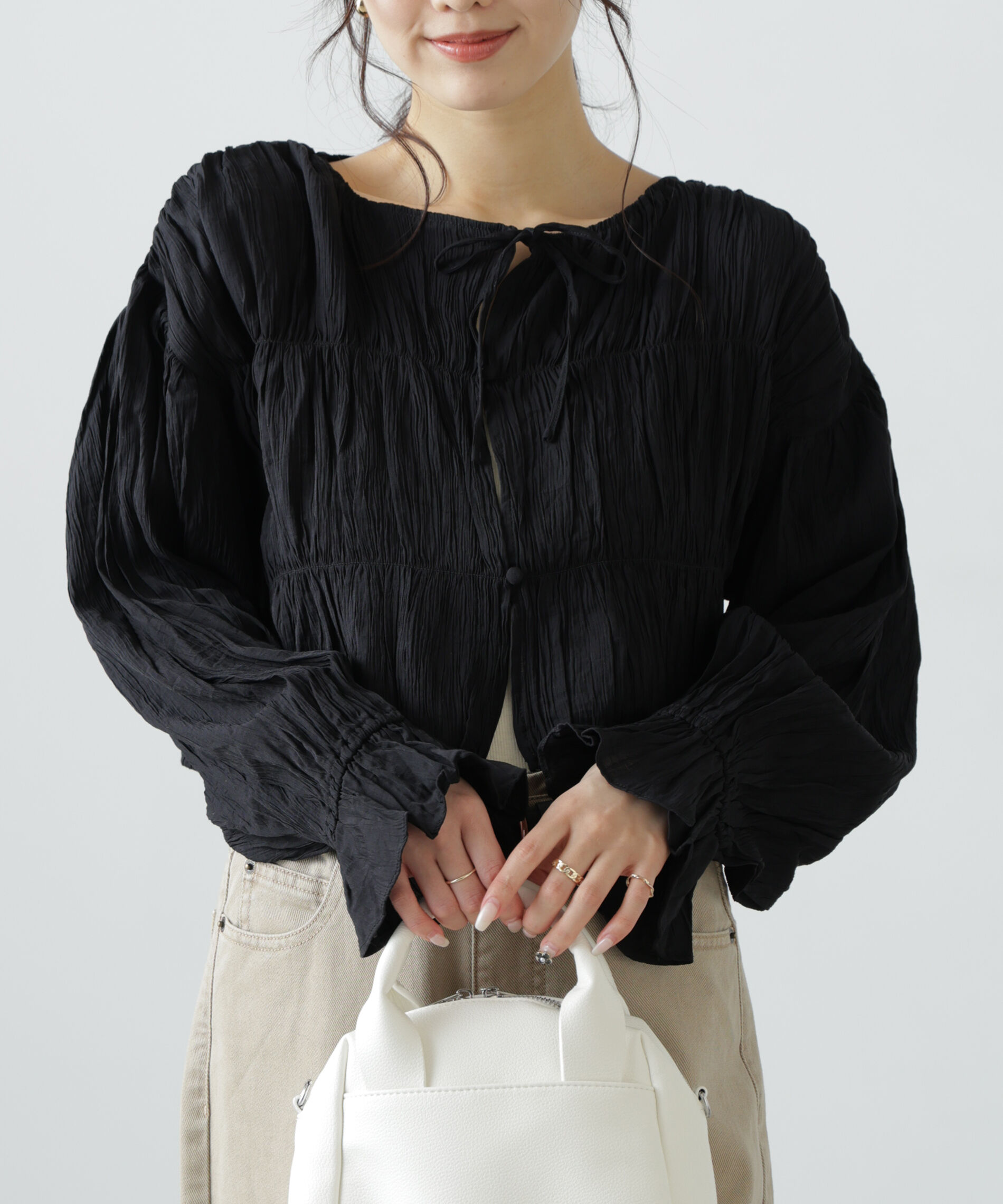  「シアーギャザー前開き短丈ブラウス」|シャツ・ブラウス|