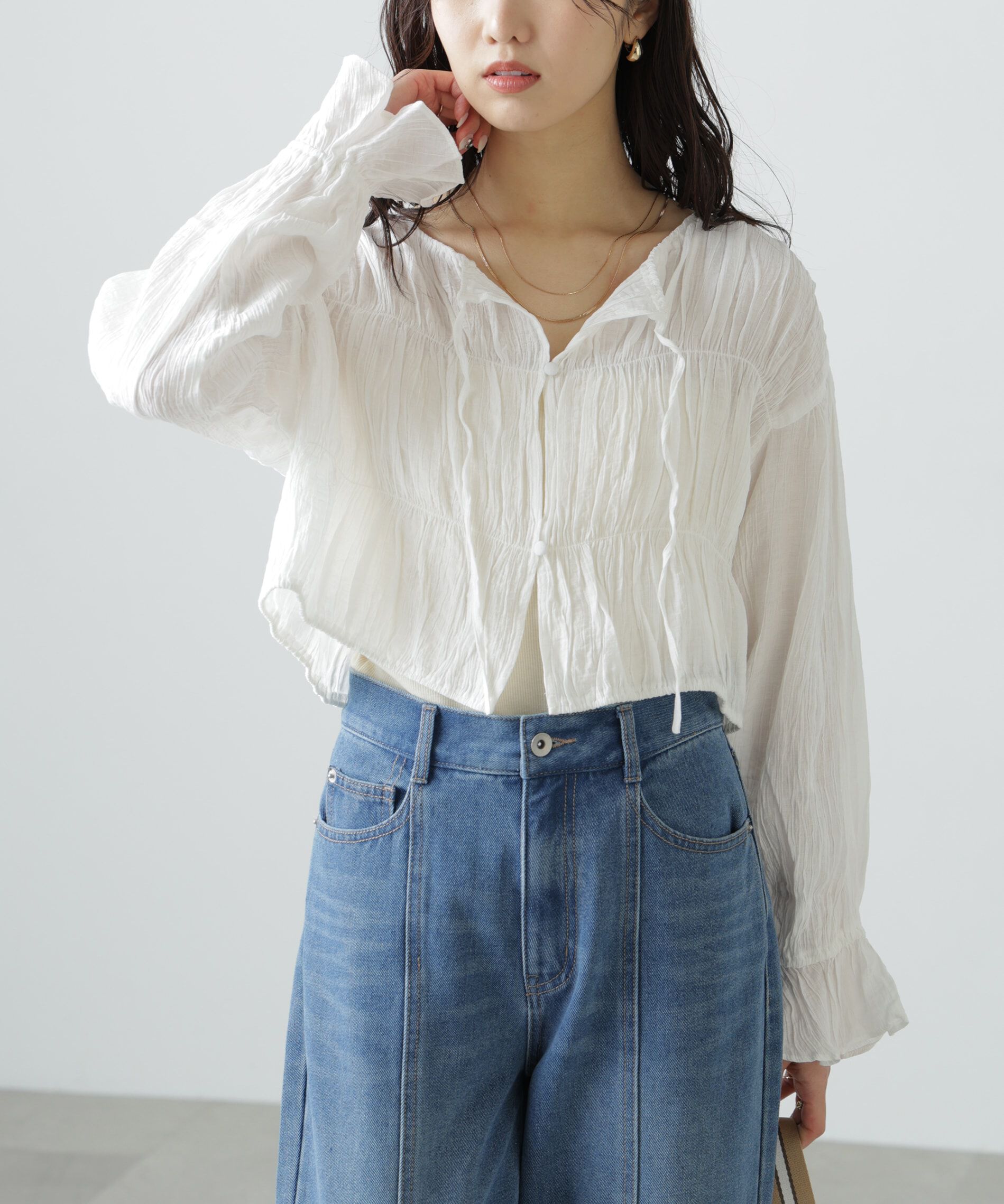  「シアーギャザー前開き短丈ブラウス」|シャツ・ブラウス|