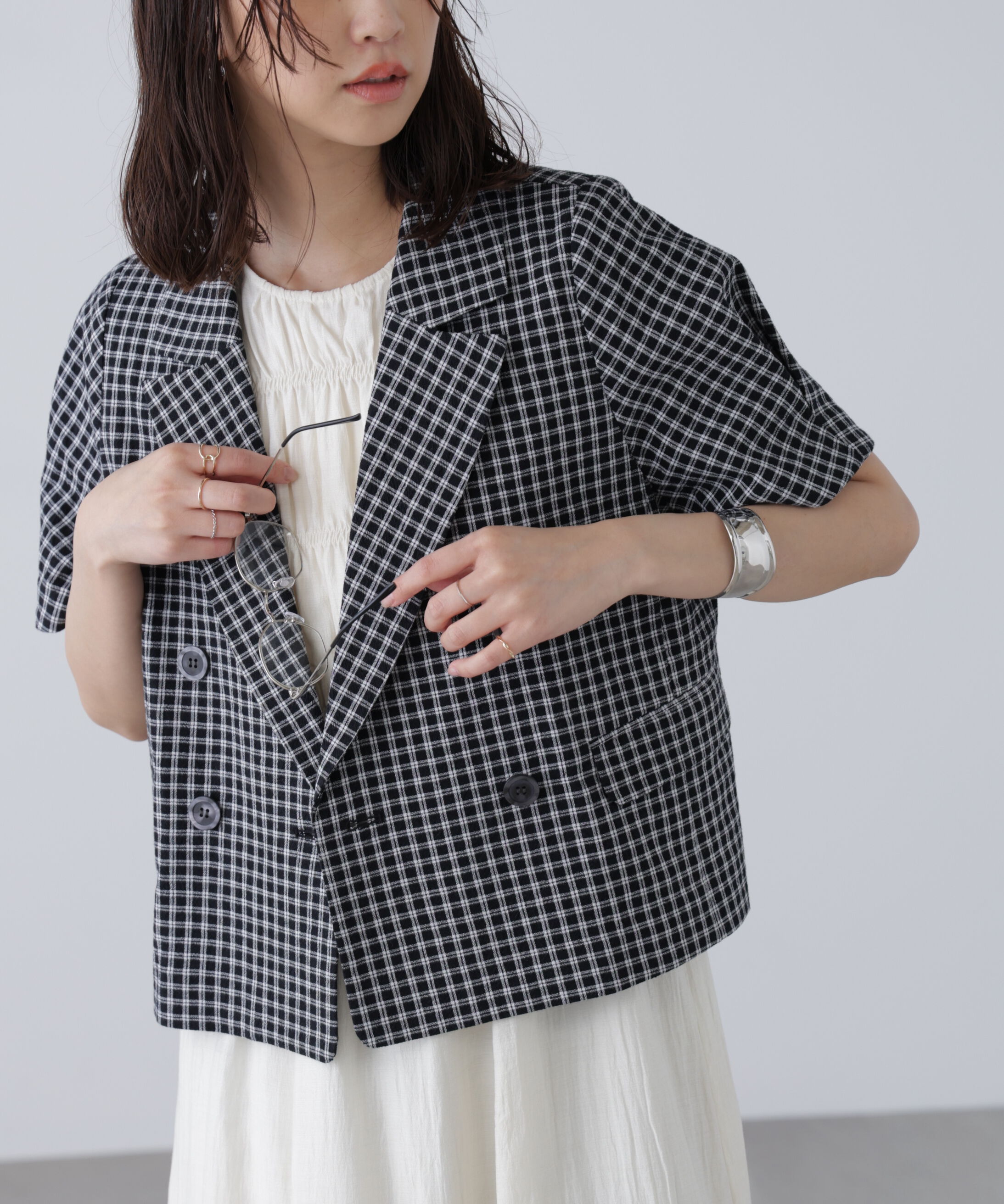  「袖コクーンダブルブレストハーフジャケット」|その他|