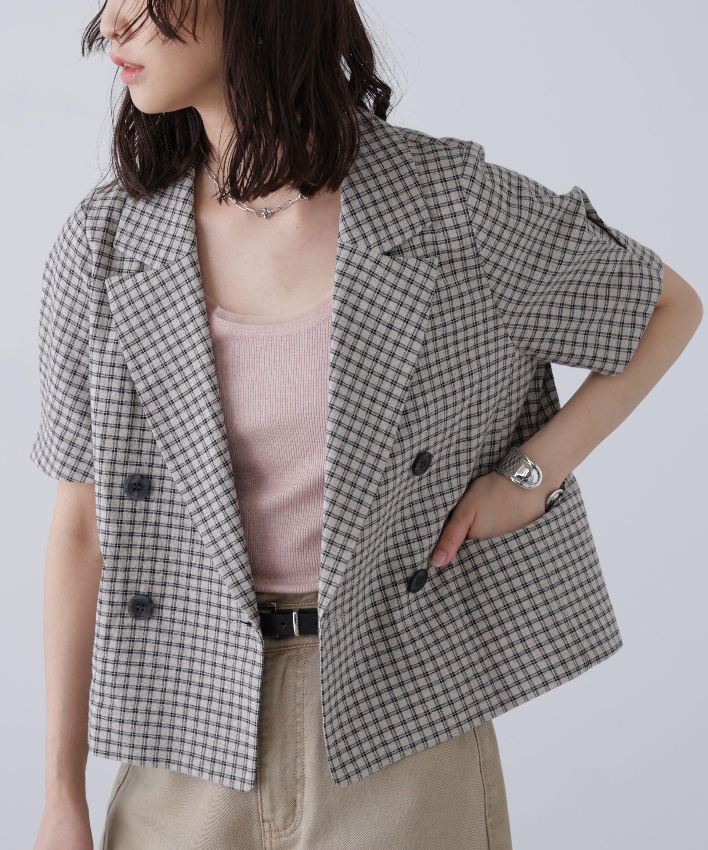  「袖コクーンダブルブレストハーフジャケット」|その他|