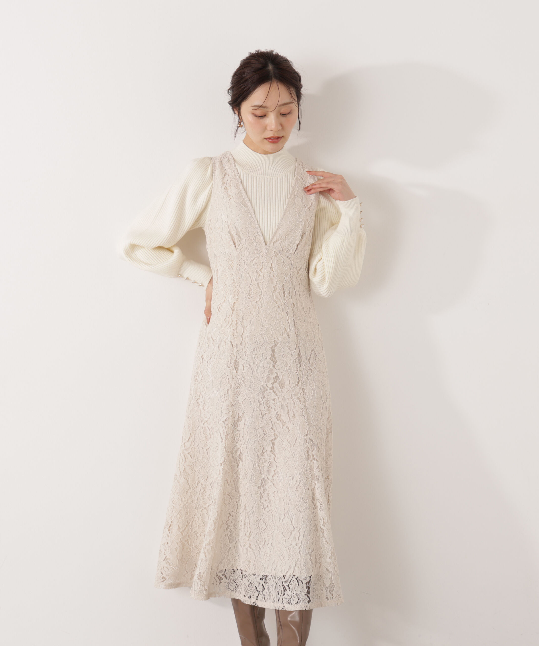 PROPORTION BODY DRESSING「Vネックレースジャンスカ 26SS」|ワンピース|エクリュ1