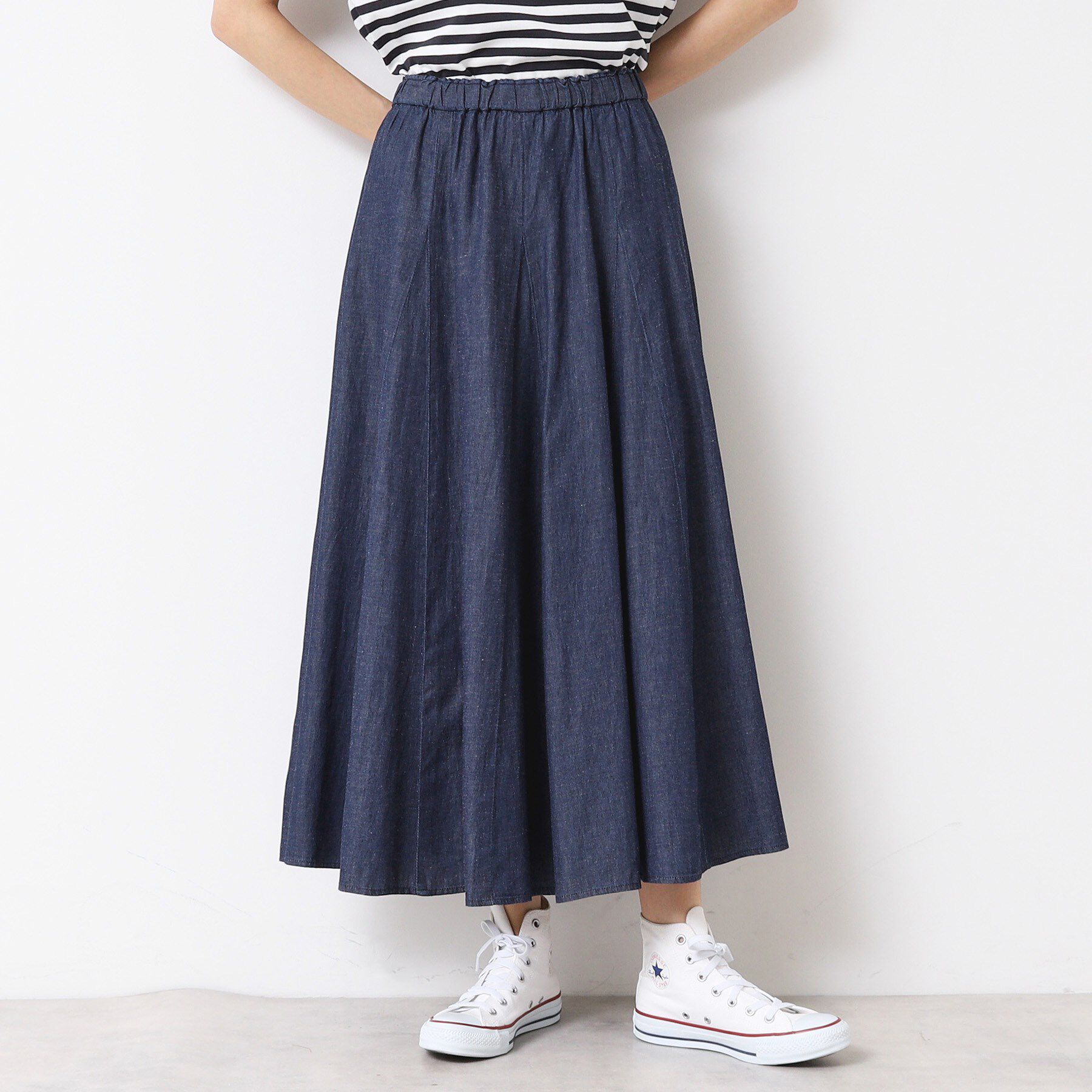 Dessin「【ウエストゴム・洗える】綿麻デニムフレアースカート」|スカート|