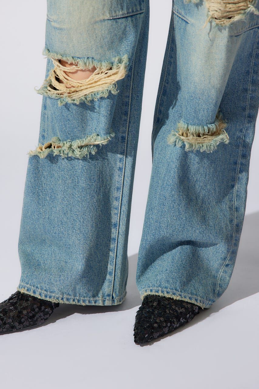 rienda「クラッシュワイドジャストウエストデニムパンツ」|デニム|