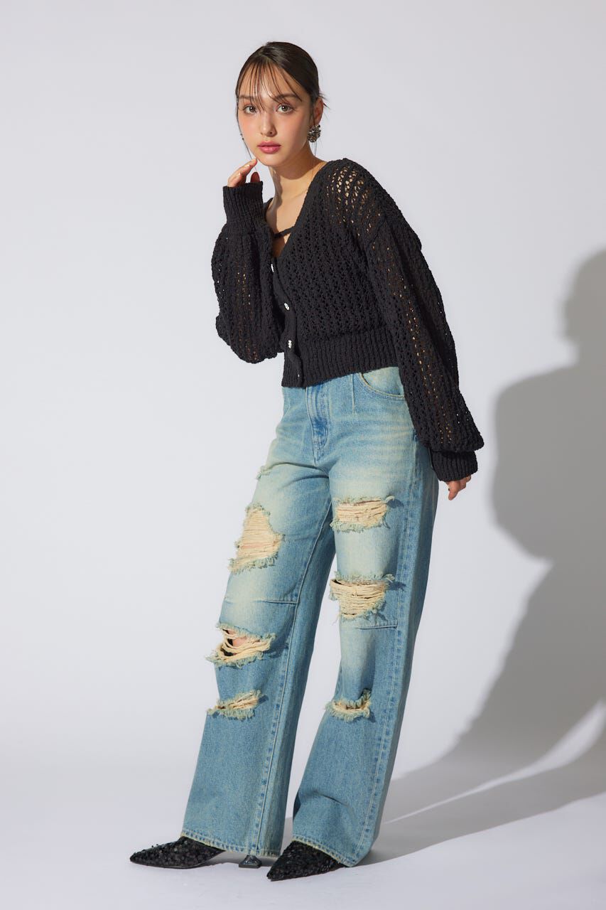 rienda「クラッシュワイドジャストウエストデニムパンツ」|デニム|