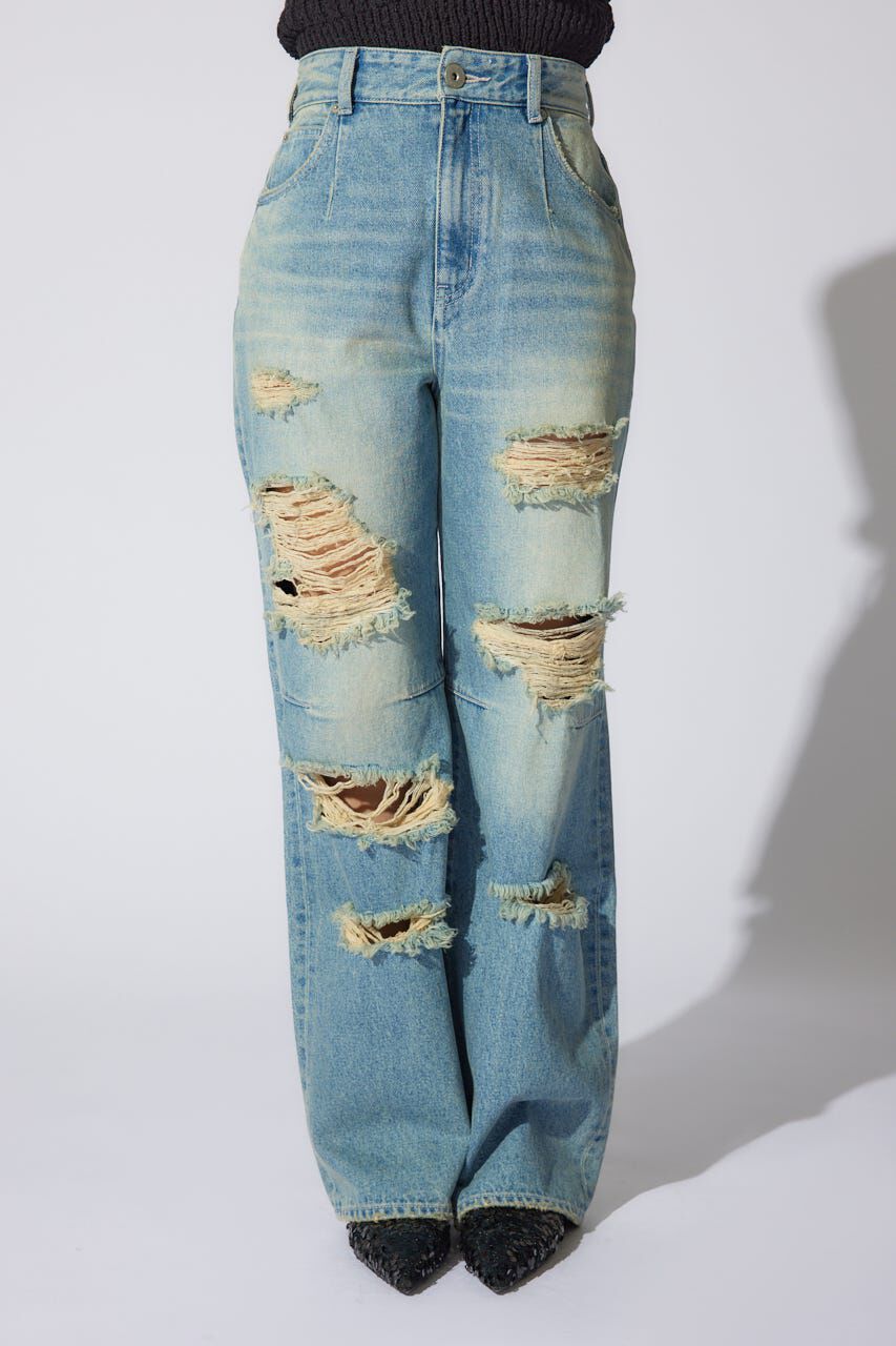 rienda「クラッシュワイドジャストウエストデニムパンツ」|デニム|