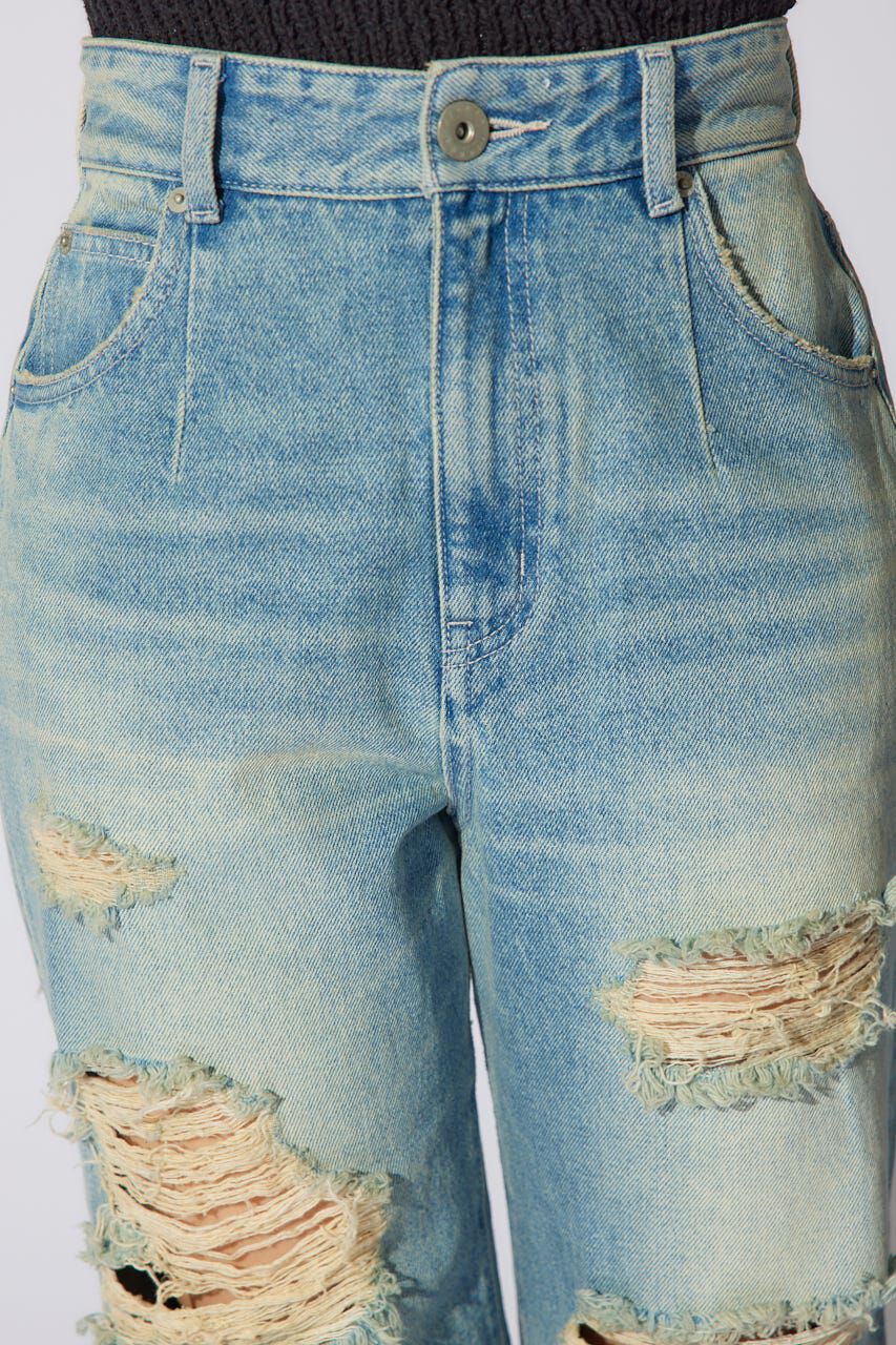 rienda「クラッシュワイドジャストウエストデニムパンツ」|デニム|