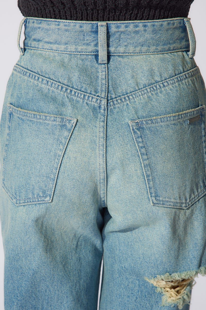 rienda「クラッシュワイドジャストウエストデニムパンツ」|デニム|