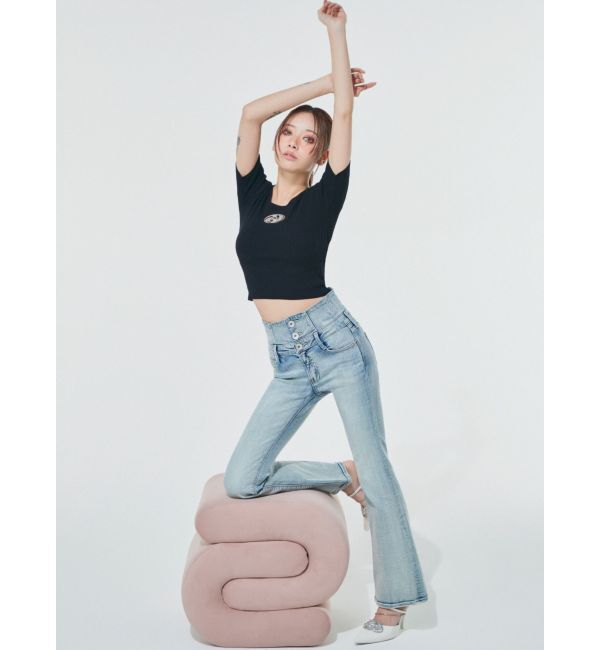 GYDA「NEWハイウエストBACKクロスフレアパンツ」|デニム|