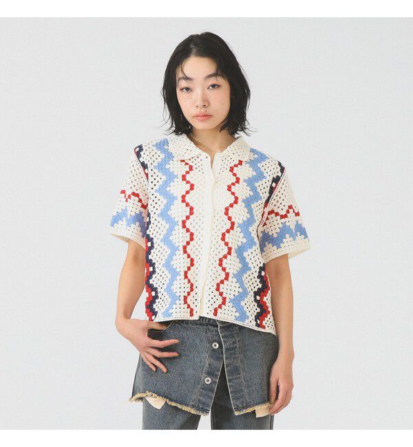 Ray BEAMS 「ウェーブ ストライプ ニット シャツ」|ニット・セーター|OFF_WHITE