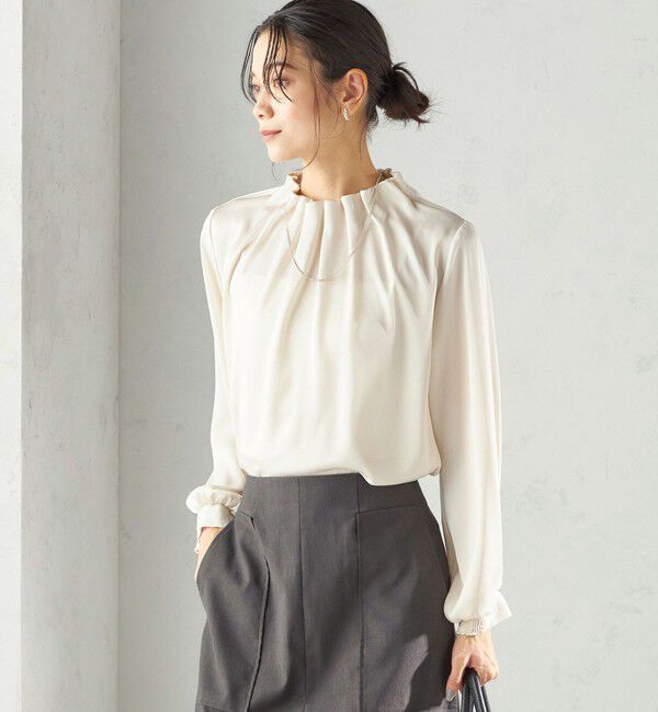 SHIPS for women「《一部追加予約》【一部WEB限定】〈手洗い可能〉ヴィンテージ サテン ネック ギャザー ブラウス」|シャツ・ブラウス|
