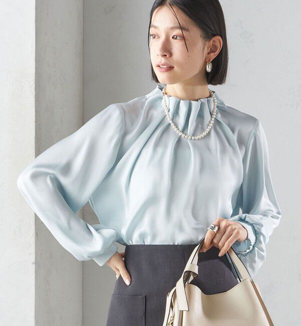 SHIPS for women「《一部追加予約》【一部WEB限定】〈手洗い可能〉ヴィンテージ サテン ネック ギャザー ブラウス」|シャツ・ブラウス|ライトブルー