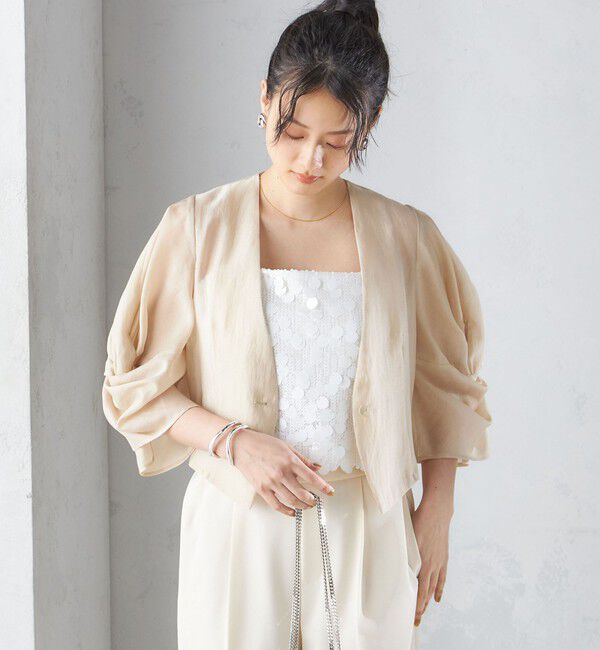 SHIPS for women「little black:〈手洗い可能〉ネジリ スリーブ シアー ショート 羽織（セレモニー対応可）」|ノーカラージャケット|