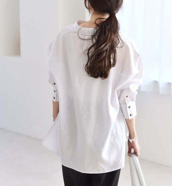 quaranciel「quaranciel:〈洗濯機可能〉リネン ミックス フロントギャザー スキッパー シャツ」|シャツ・ブラウス|