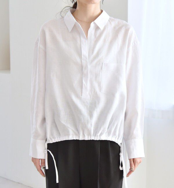 quaranciel「quaranciel:〈洗濯機可能〉リネン ミックス フロントギャザー スキッパー シャツ」|シャツ・ブラウス|