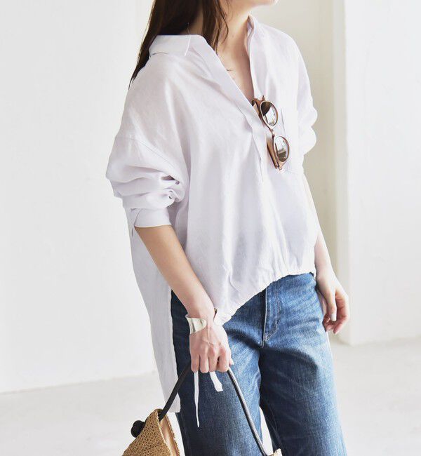 quaranciel「quaranciel:〈洗濯機可能〉リネン ミックス フロントギャザー スキッパー シャツ」|シャツ・ブラウス|