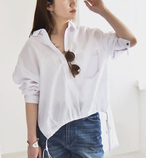 quaranciel「quaranciel:〈洗濯機可能〉リネン ミックス フロントギャザー スキッパー シャツ」|シャツ・ブラウス|