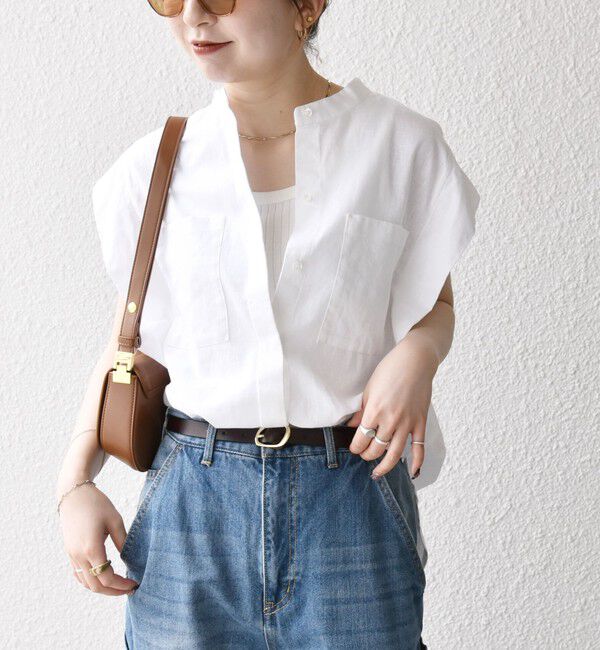SHIPS any「SHIPS any:〈洗濯機可能〉リネン コットン バンドカラー フレンチスリーブ ポケット シャツ」|シャツ・ブラウス|
