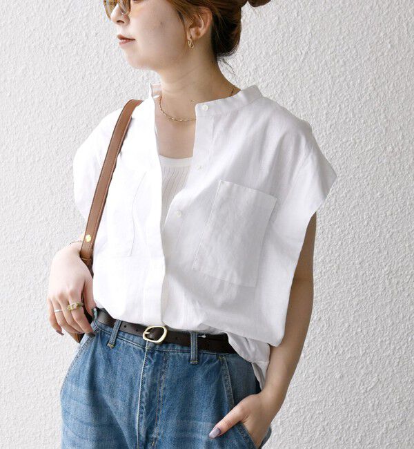 SHIPS any「SHIPS any:〈洗濯機可能〉リネン コットン バンドカラー フレンチスリーブ ポケット シャツ」|シャツ・ブラウス|