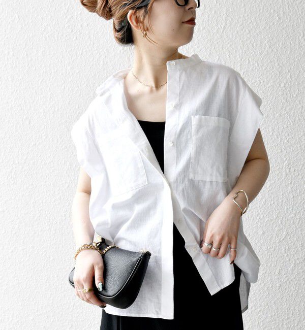 SHIPS any「SHIPS any:〈洗濯機可能〉リネン コットン バンドカラー フレンチスリーブ ポケット シャツ」|シャツ・ブラウス|