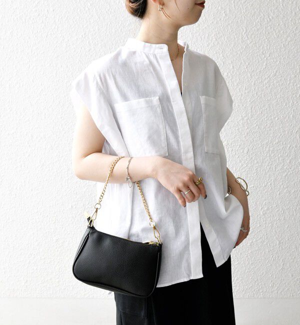 SHIPS any「SHIPS any:〈洗濯機可能〉リネン コットン バンドカラー フレンチスリーブ ポケット シャツ」|シャツ・ブラウス|