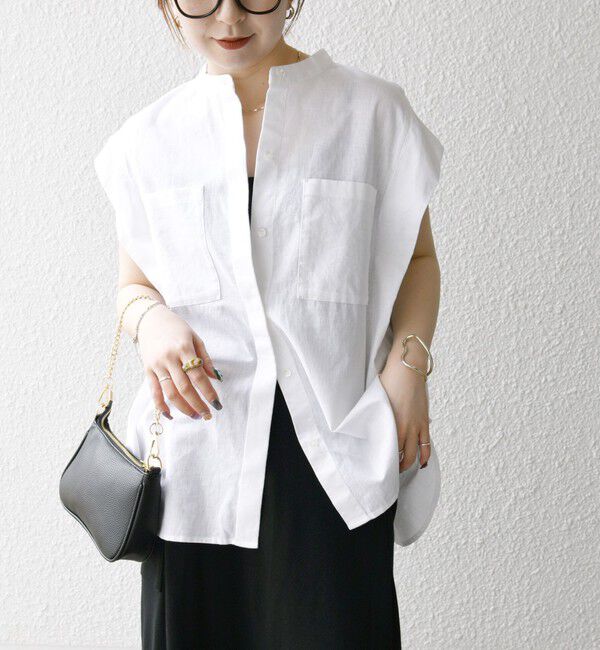 SHIPS any「SHIPS any:〈洗濯機可能〉リネン コットン バンドカラー フレンチスリーブ ポケット シャツ」|シャツ・ブラウス|