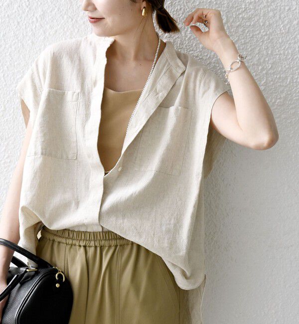 SHIPS any「SHIPS any:〈洗濯機可能〉リネン コットン バンドカラー フレンチスリーブ ポケット シャツ」|シャツ・ブラウス|