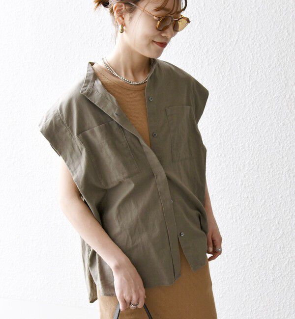 SHIPS any「SHIPS any:〈洗濯機可能〉リネン コットン バンドカラー フレンチスリーブ ポケット シャツ」|シャツ・ブラウス|