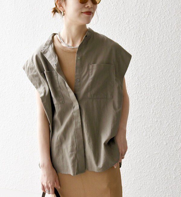 SHIPS any「SHIPS any:〈洗濯機可能〉リネン コットン バンドカラー フレンチスリーブ ポケット シャツ」|シャツ・ブラウス|