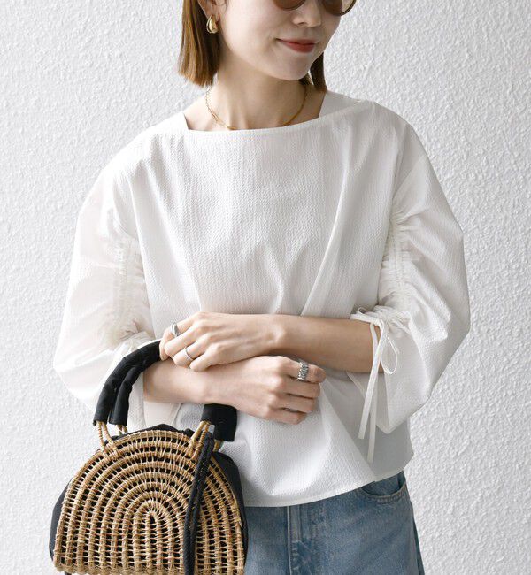 SHIPS any「SHIPS any:〈洗濯機可能〉ミニサッカー ドロスト リボン ボートネック ブラウス」|シャツ・ブラウス|