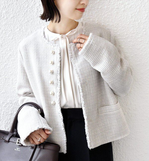 SHIPS for women「トライスピン 杢 ツイード パール モチーフ ボタン ジャケット（セレモニー対応可）」|ノーカラージャケット|