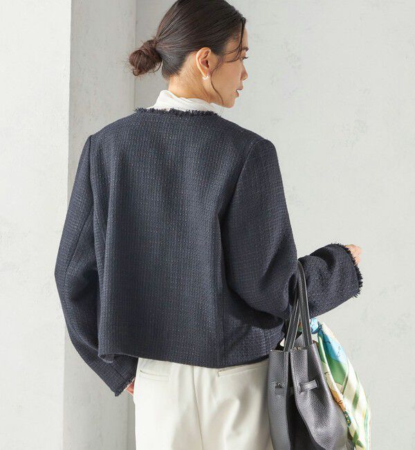 SHIPS for women「トライスピン 杢 ツイード パール モチーフ ボタン ジャケット（セレモニー対応可）」|ノーカラージャケット|