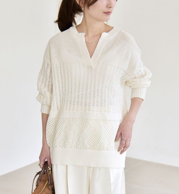 quaranciel「quaranciel:〈手洗い可能〉透かし編み スキッパー ニット プルオーバー」|ニット・セーター|