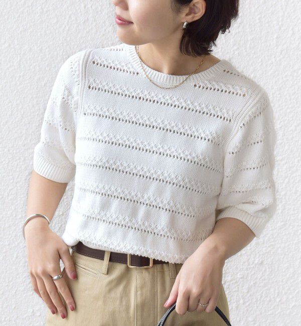 SHIPS for women「《予約》〈手洗い可能〉コットン レース柄 ショート スリーブ プルオーバー」|ニット・セーター|ホワイト