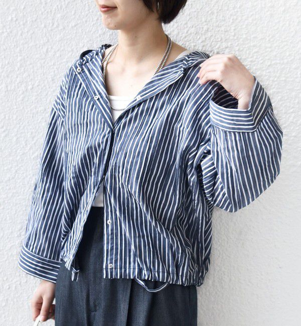 SHIPS for women「《予約》【WEB限定】〈手洗い可能〉ストライプ フード 羽織り シャツ」|シャツ・ブラウス|ネイビー