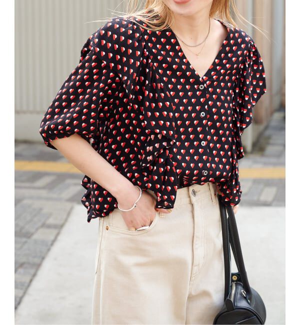 OUTDOOR PRODUCTS Usual Things「フラワープリント五分袖フリルブラウス」|シャツ・ブラウス|ブラック