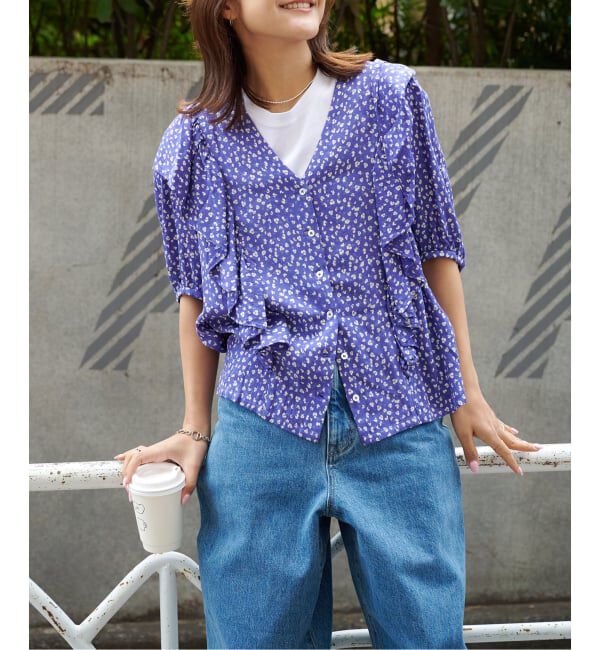 OUTDOOR PRODUCTS Usual Things「フラワープリント五分袖フリルブラウス」|シャツ・ブラウス|