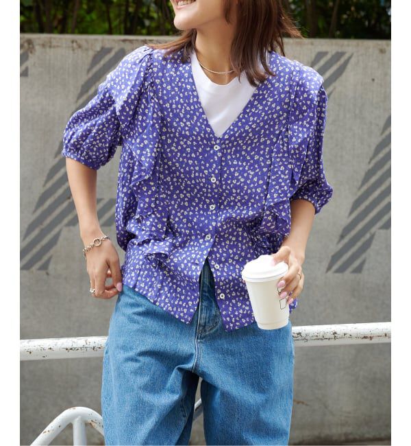 OUTDOOR PRODUCTS Usual Things「フラワープリント五分袖フリルブラウス」|シャツ・ブラウス|