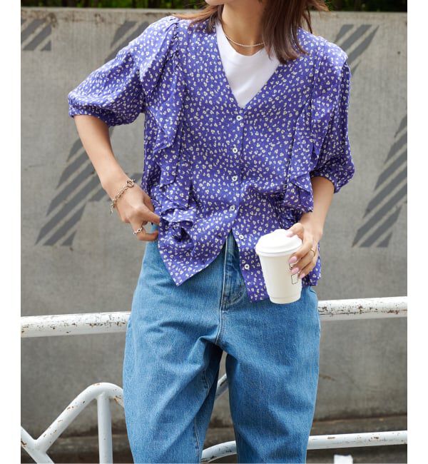 OUTDOOR PRODUCTS Usual Things「フラワープリント五分袖フリルブラウス」|シャツ・ブラウス|